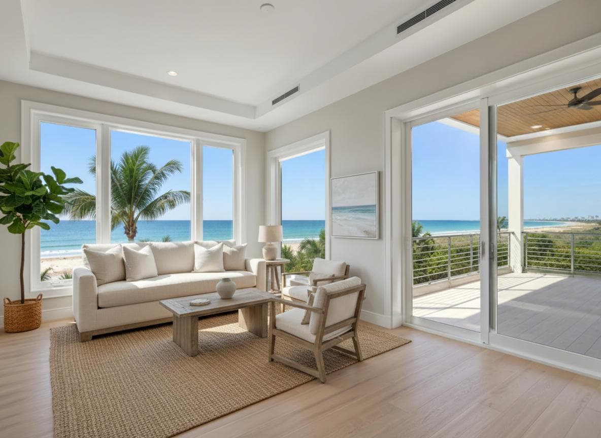 Living room virtually staged in a coastal style